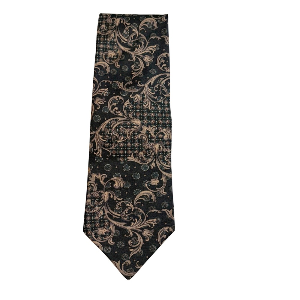 Vintage Stuart Ashley Mens Silk Tie‎ Black Brown Gold Paisley Italian Fabric